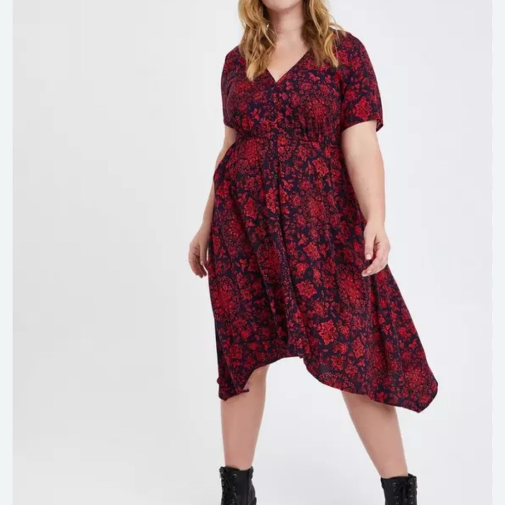 Torrid Asymmetrical Dress in Red and Black Floral
